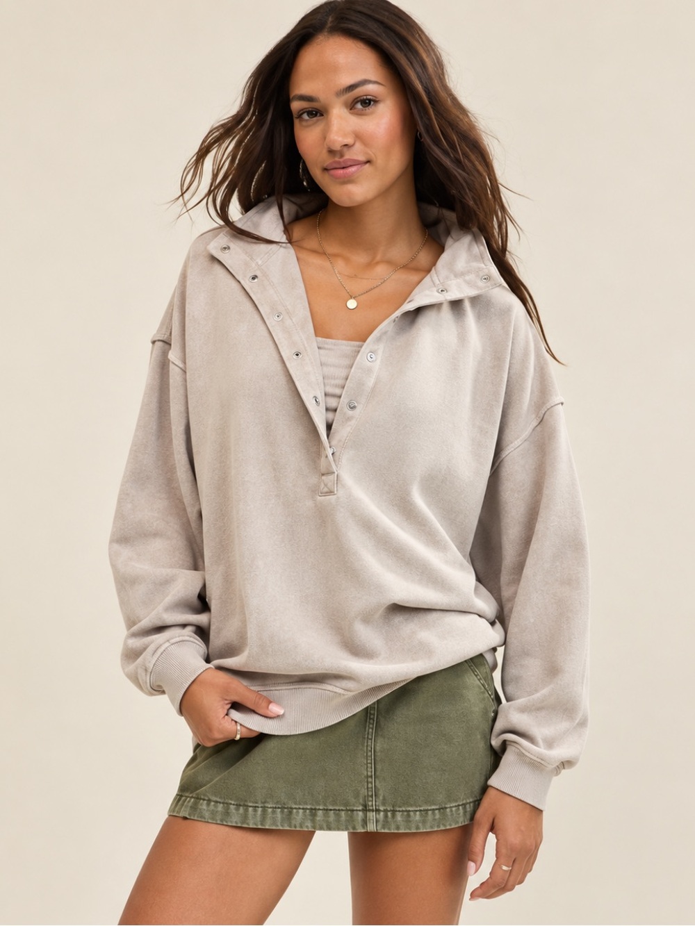 Aerie Oh Snap! Pullover Henley Oversized Slouchy Sweatshirt Taupe Brown Large